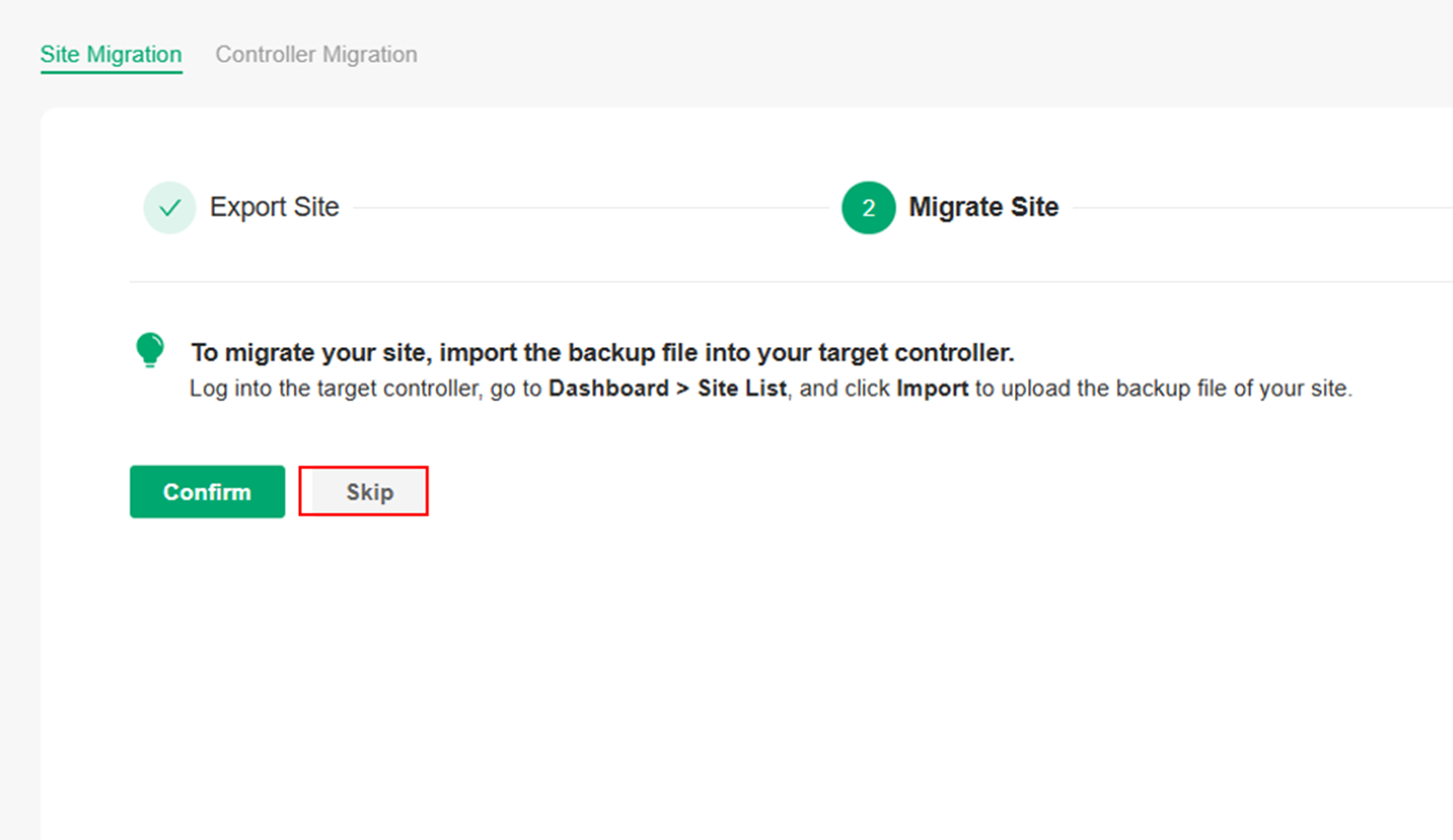 Alt text: Migrate Site page in the site migration process.