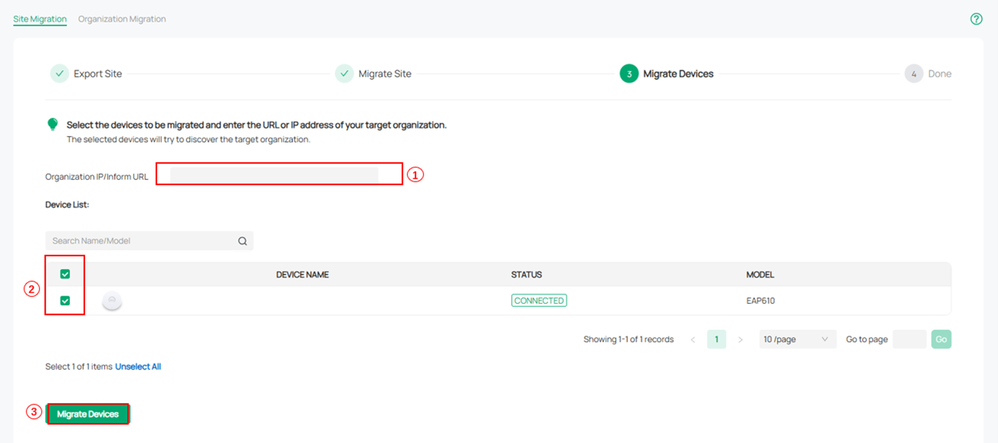Alt text: Migrate Device page where you can enter the URL and select the devices you want to migrate.