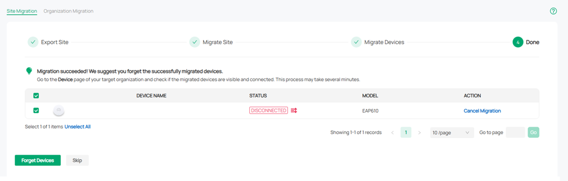 Alt text: The Done page where you can forget your migrated devices.