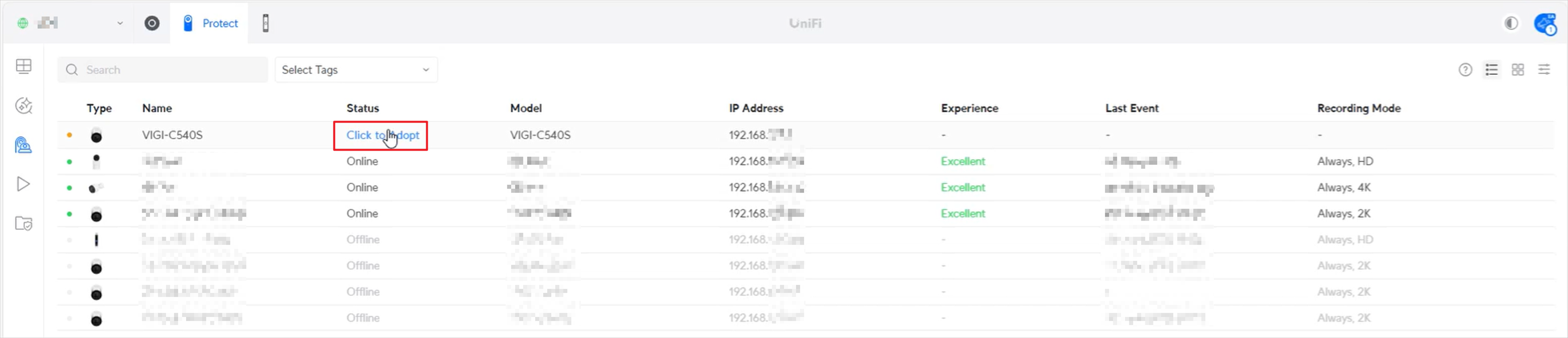Alt text: Display where to find the VIGI cameras on UniFi Protect