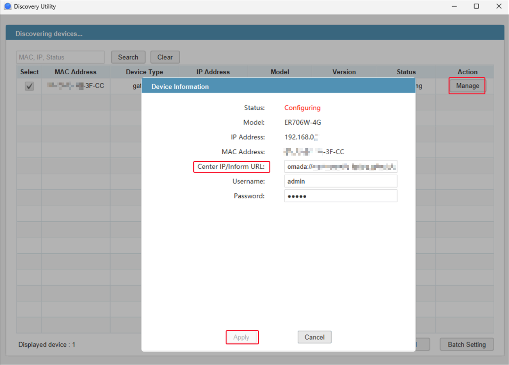 Alt text: the process of inputting site url in Omada discovery utility.