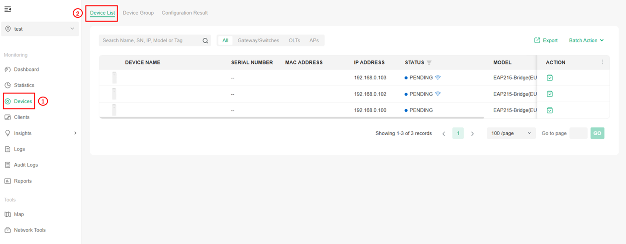 Alt text: Device list page where you can find pending EAP-Bridge