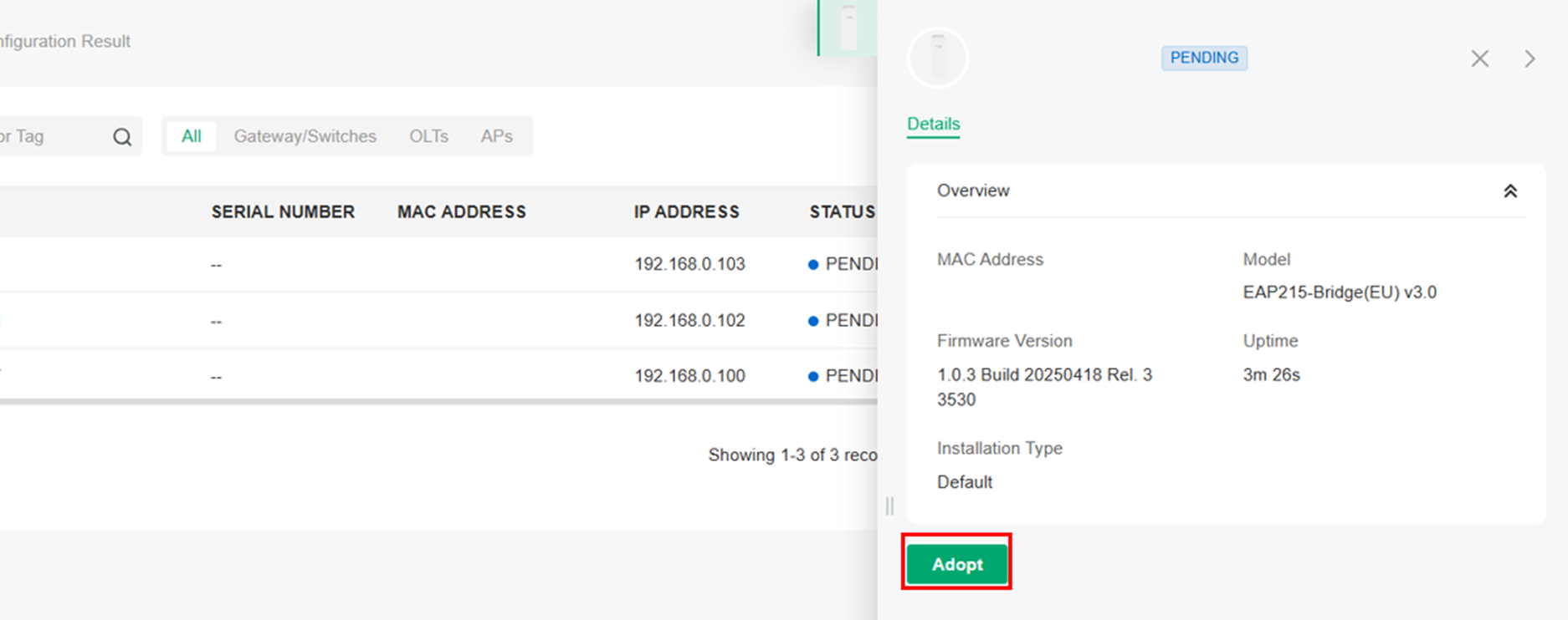 Alt text: Device page where you can adopt the Main AP