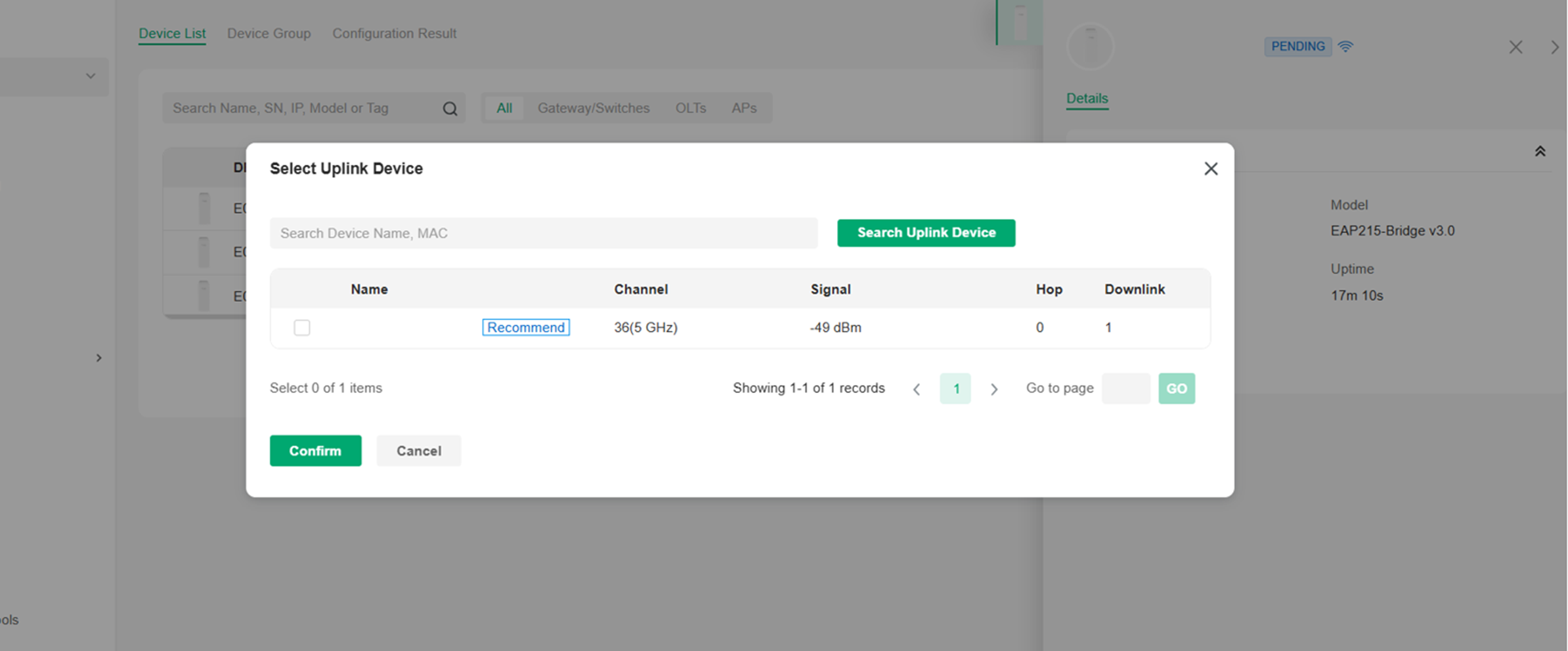 Alt text: Client AP’s adopt page where you can select its Main AP