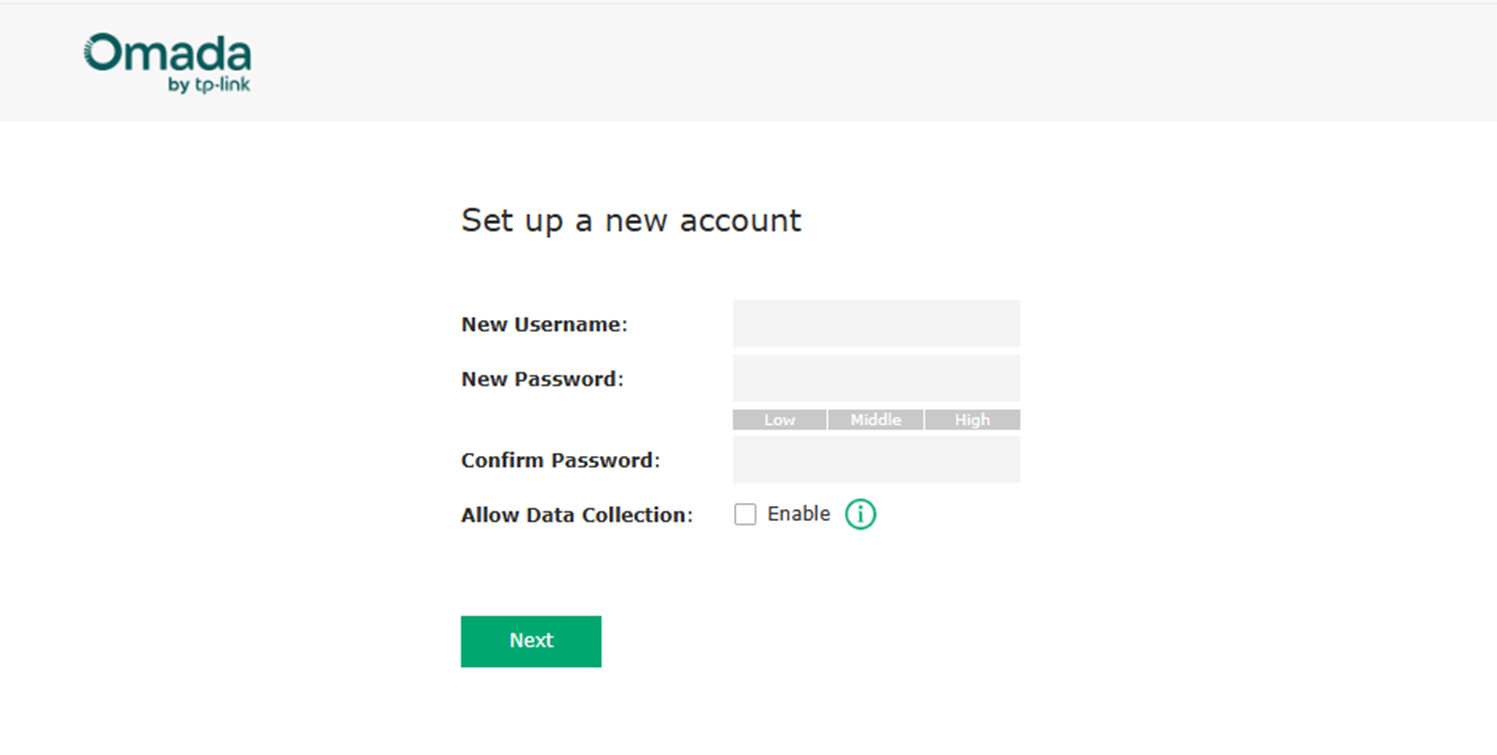 Alt text: Account setup page of the EAP-Bridge’s Web UI.