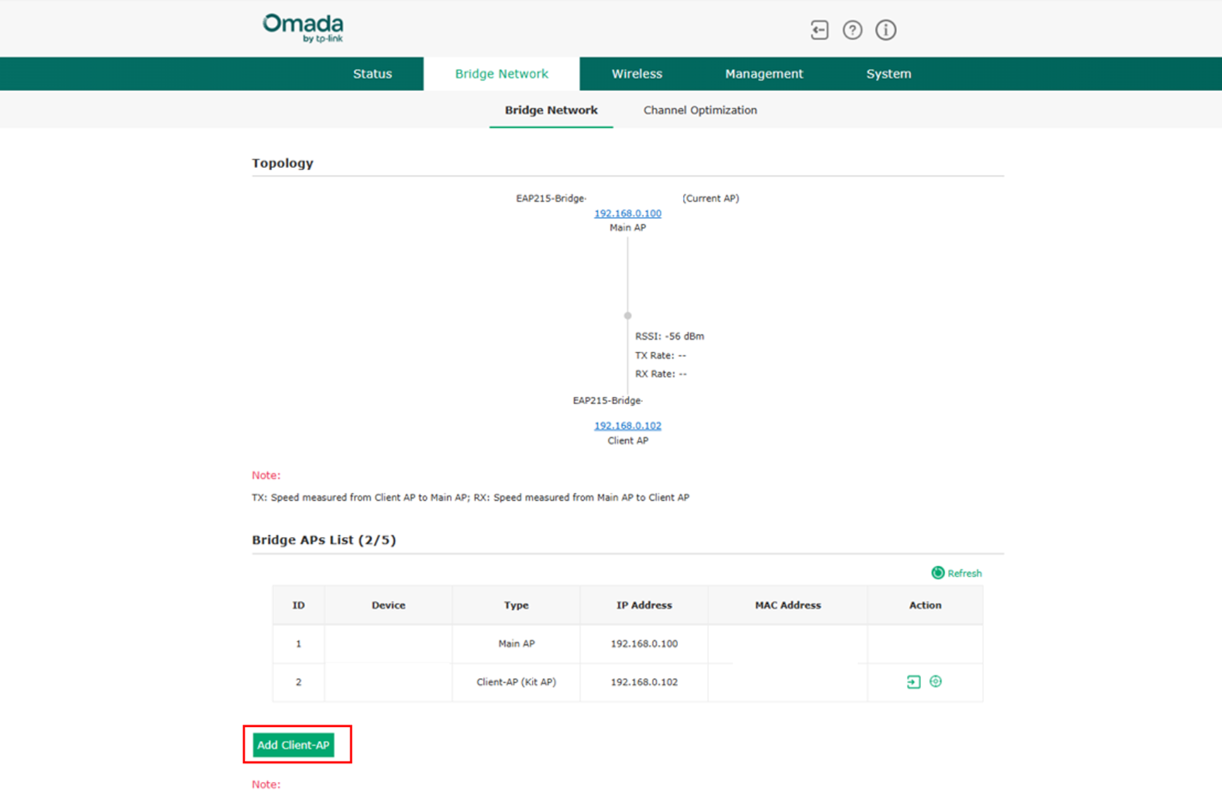 Alt text: Bridge network page of the Main AP, where you can check on your bridge system