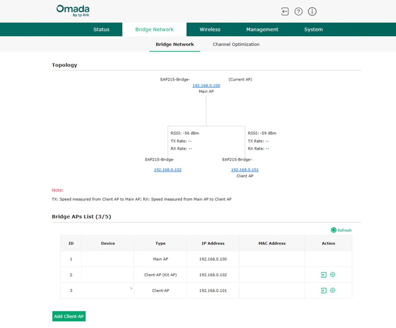 Alt text: Bridge network page where you can check on your point-to-multipoint system