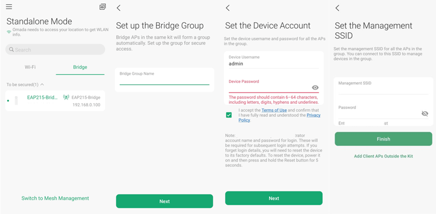 Alt text: Quick setup procedure for the EAP-bridge in Omada App