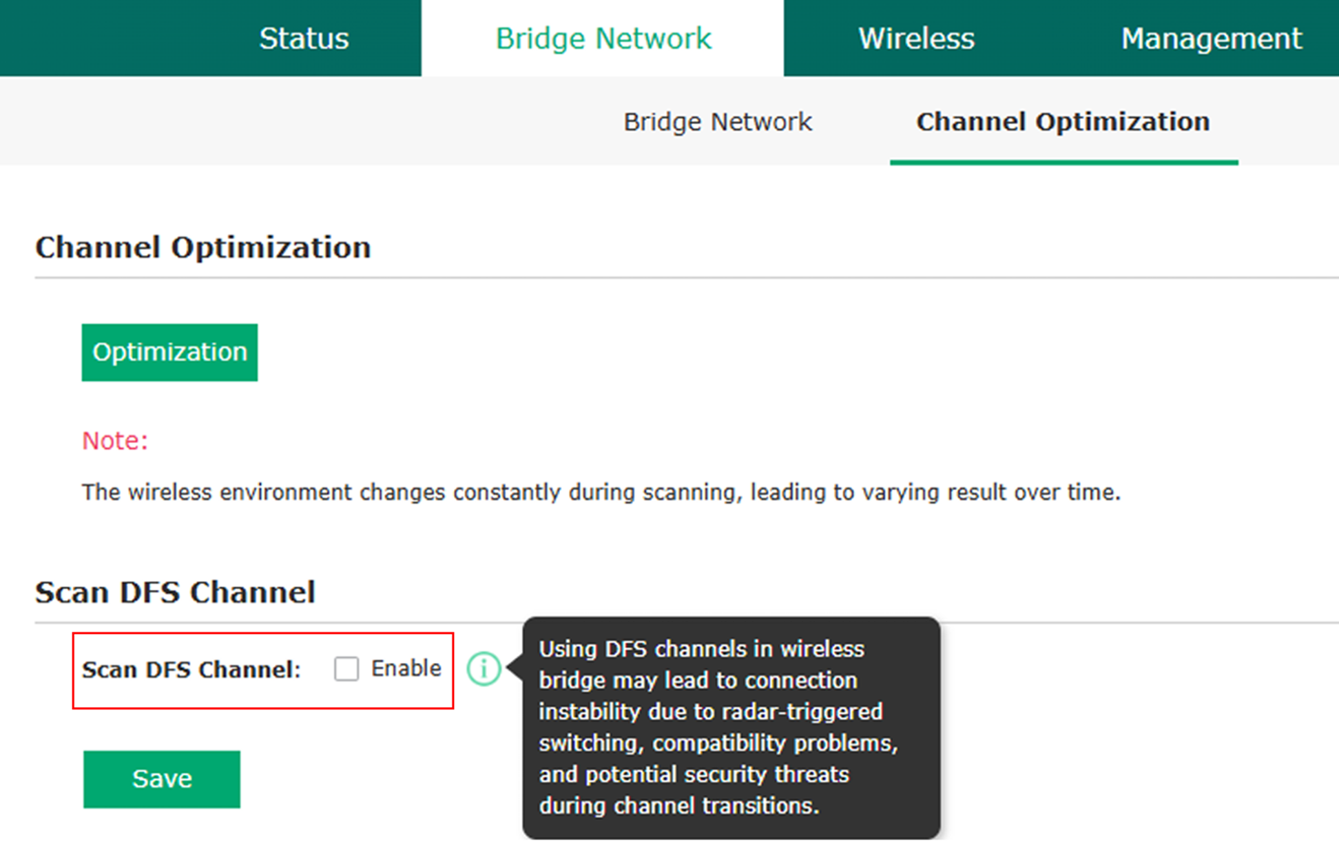 Alt text: Location of the “Allow DFS Channels” switch, under the “Optimization” button.