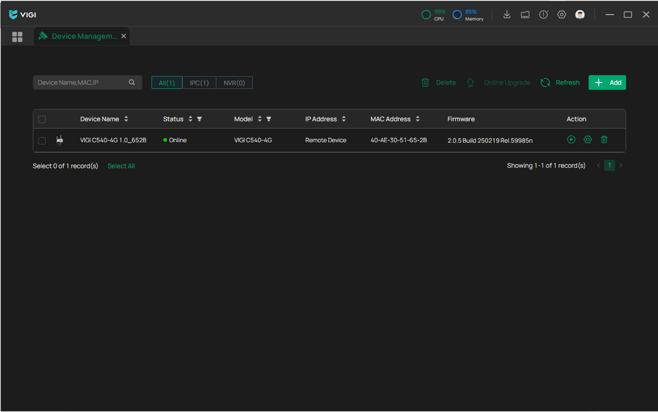 Alt text: Display the VPC successfully managing devices page.