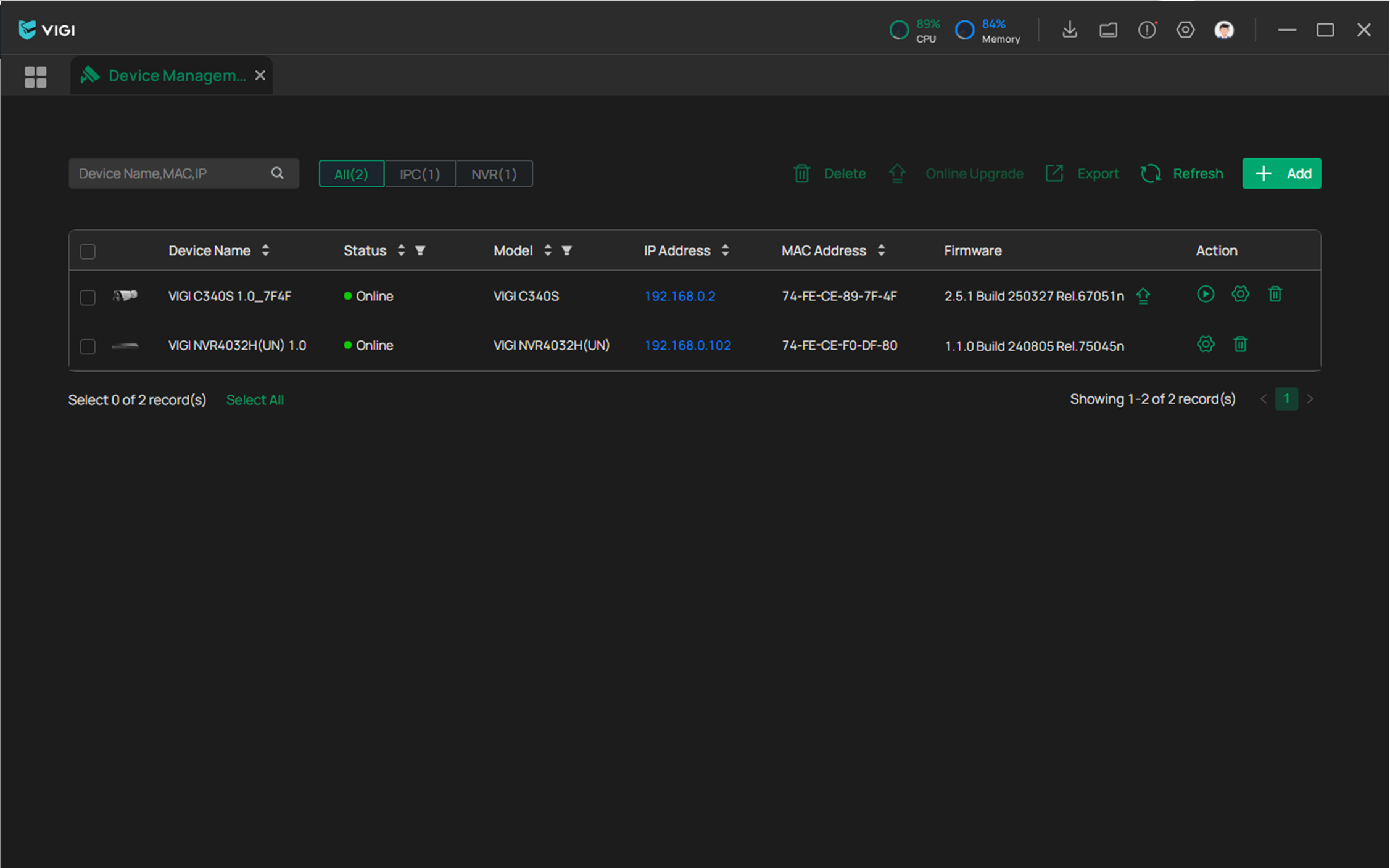 Alt text: Display the VPC successfully managing devices page.