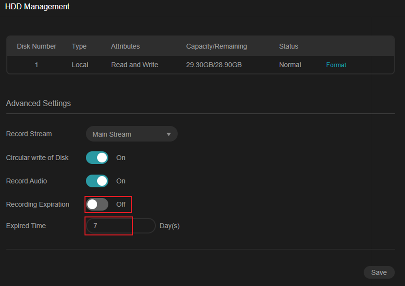 Alt text: Displays the location of the Recording Expiration and Expired Time