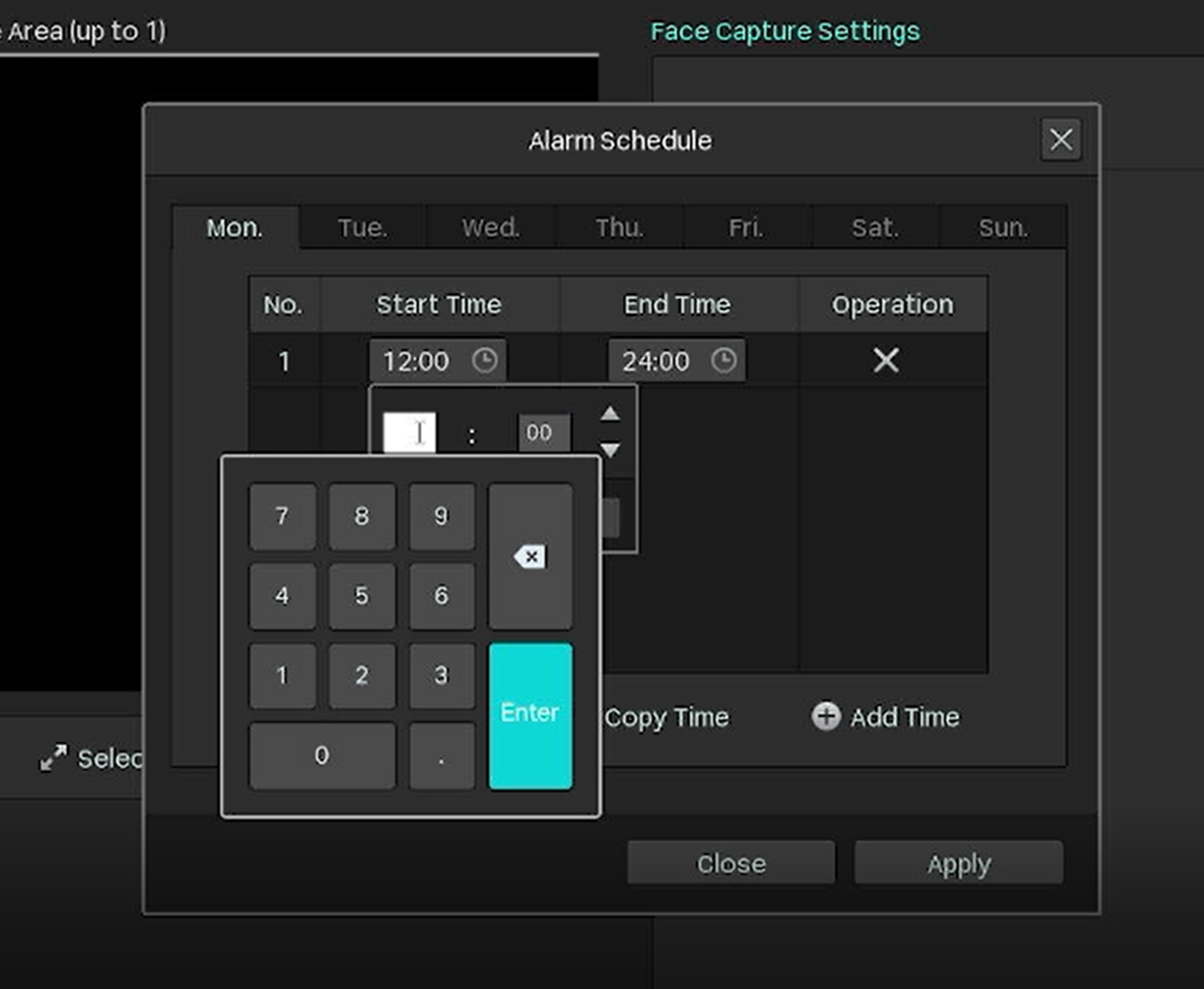 Alt text: page to set up face analysis alarm schedule.