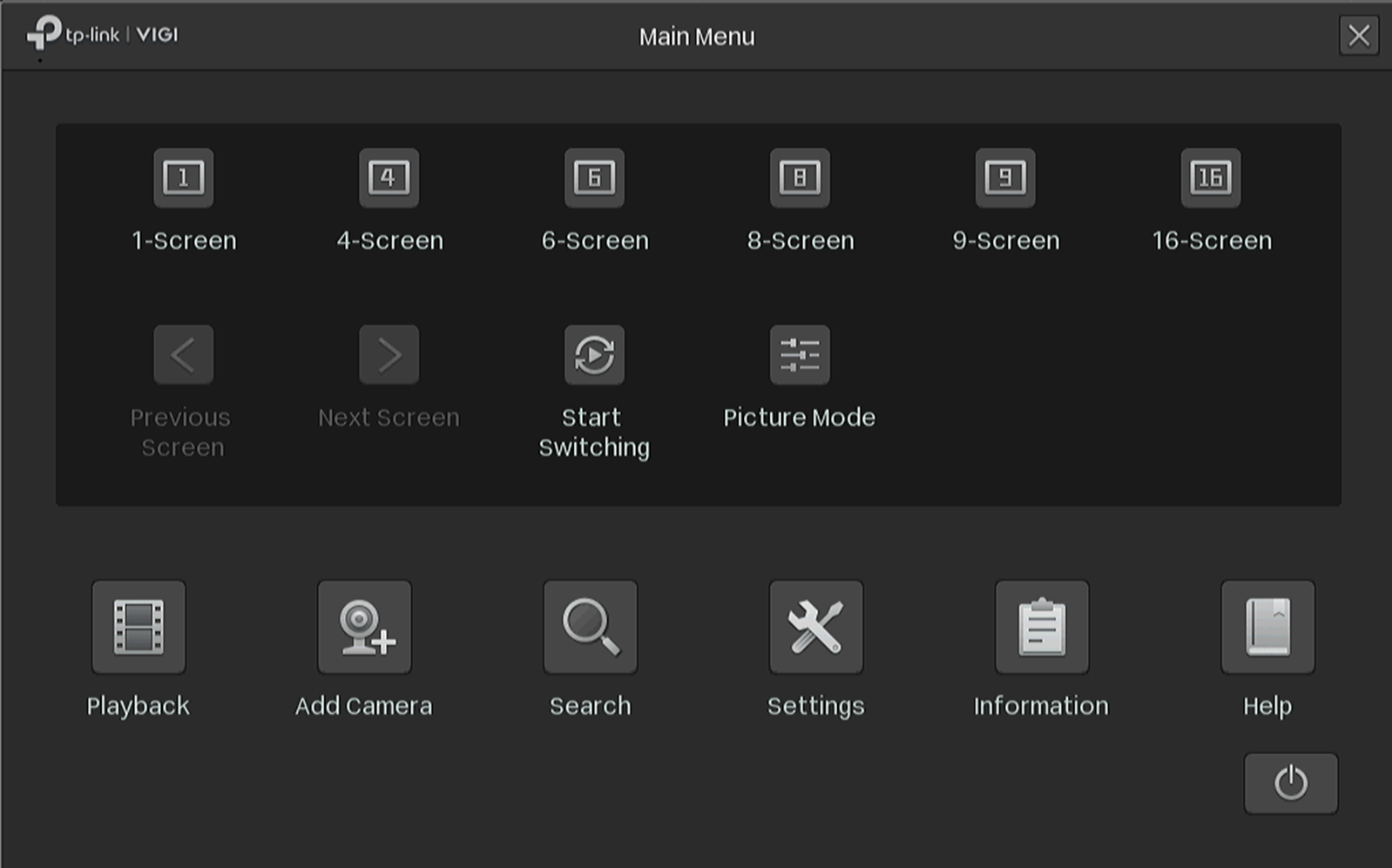 Alt text: Main menu page of VIGI NVR GUI.
