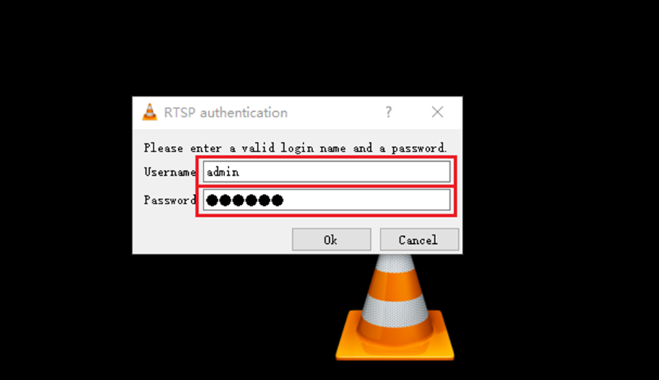Alt text: Screen to type in NVR’s username and password on VLC.