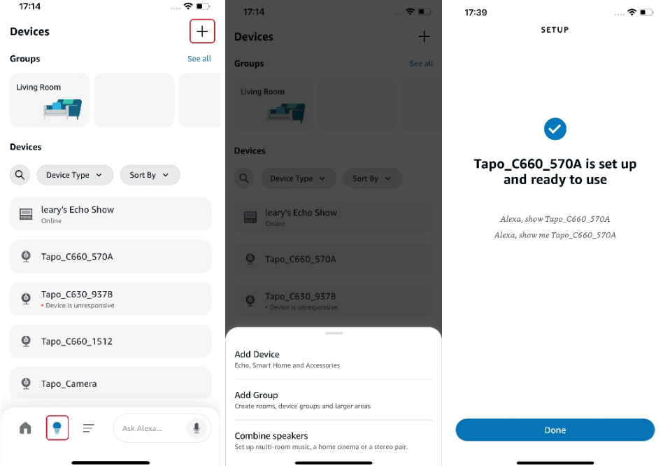 Alexa app screenshots showing adding and setting up a Tapo camera.