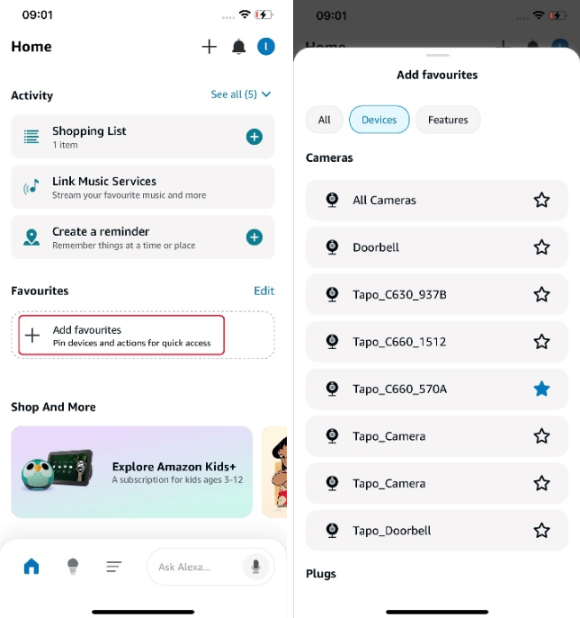 Alexa app screenshots showing adding a Tapo camera to Favourites.