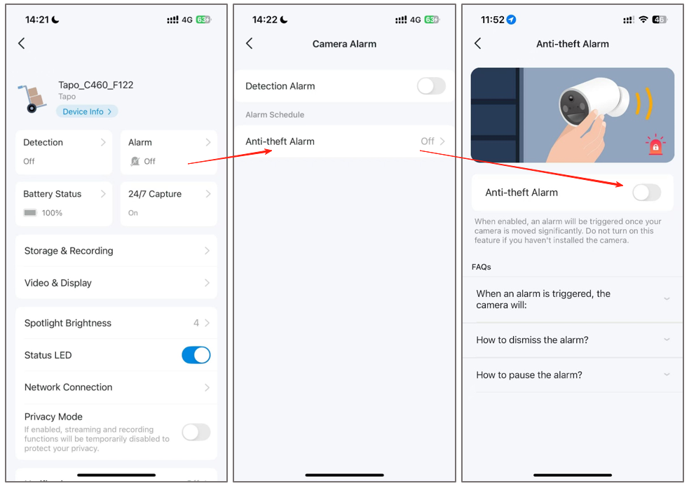 The steps to disable the ‘Anti-theft Alarm’ in the Tapo app.