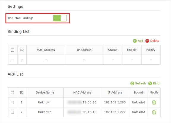 Enable IP & MAC Binding.