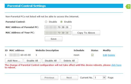 Parental Control Settings list.