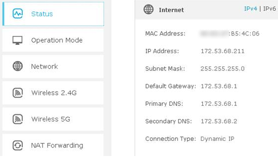 Check Internet IP on Status page.