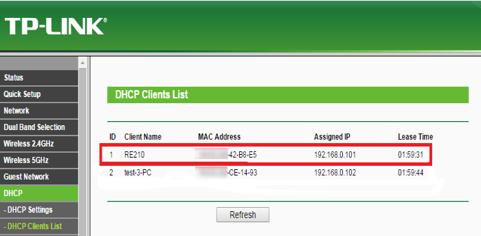 DHCP Clients List page.
