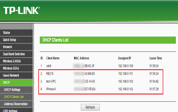DHCP Clients List page.