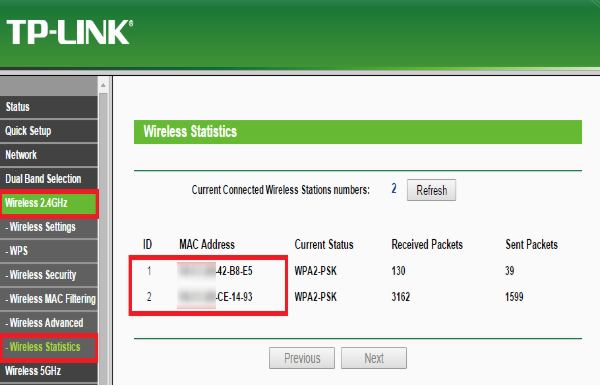 2.4G Wireless Statistics page.