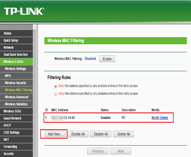 Wireless MAC Filtering page.