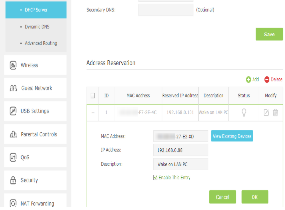 Set Address reservation for PC 1.