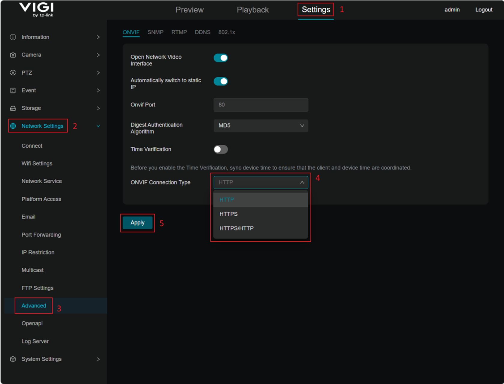 Alt text: Configuration page for ONVIF connection type.