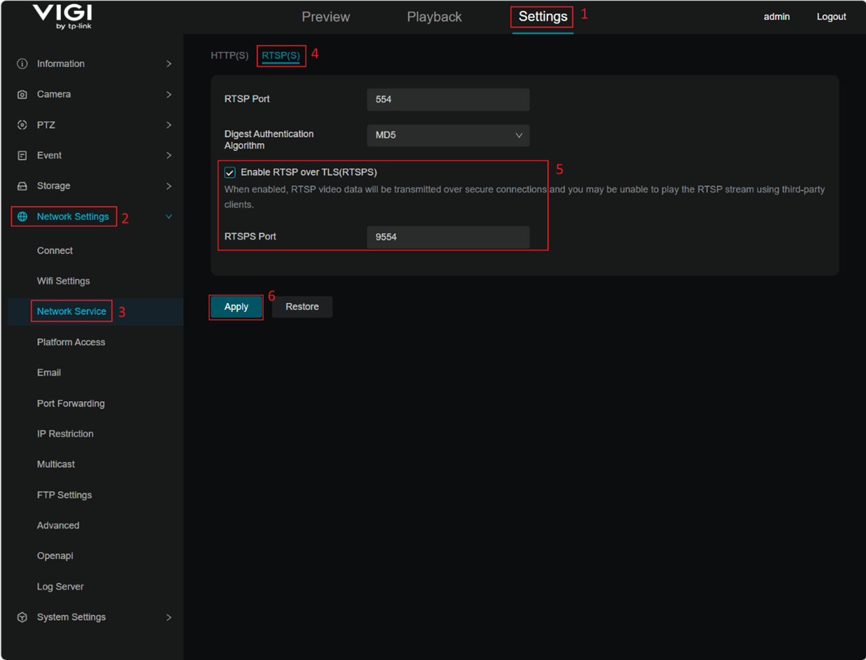 Alt text: configuration page for RTSP over TLS.