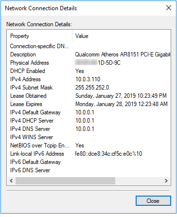 Network Connection Details page.