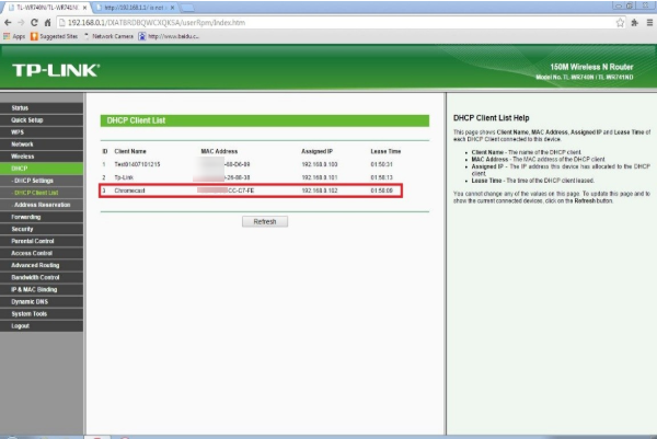 "DHCP Client List" page.