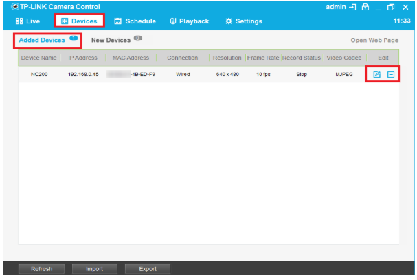 "Added Devices" page.
