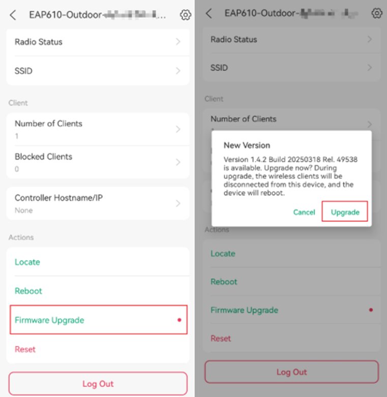 Alt text: Steps for firmware update in Omada App