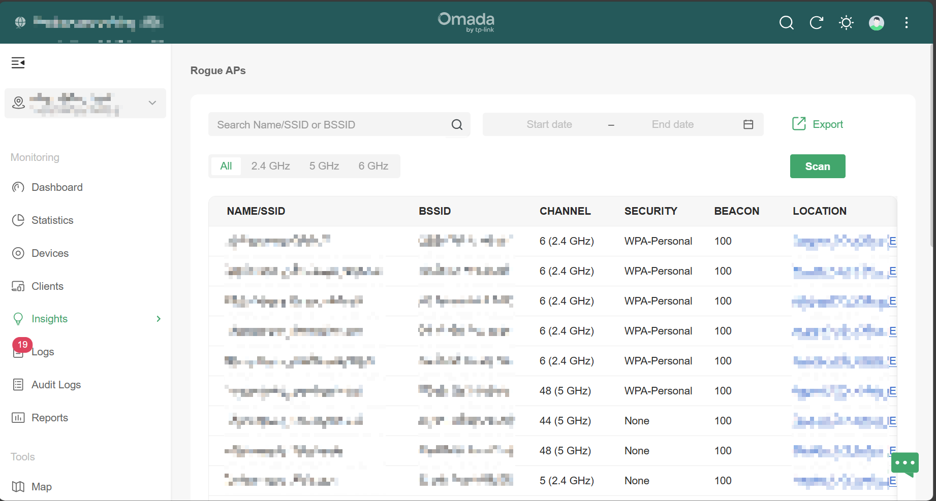 Alt text: Screenshot of Omada Controller Rogue APs List.