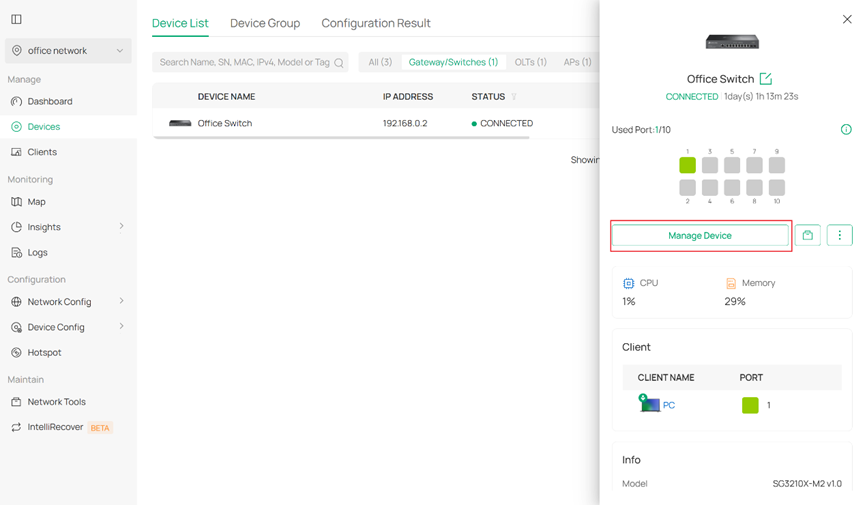Show manage device button for switch.