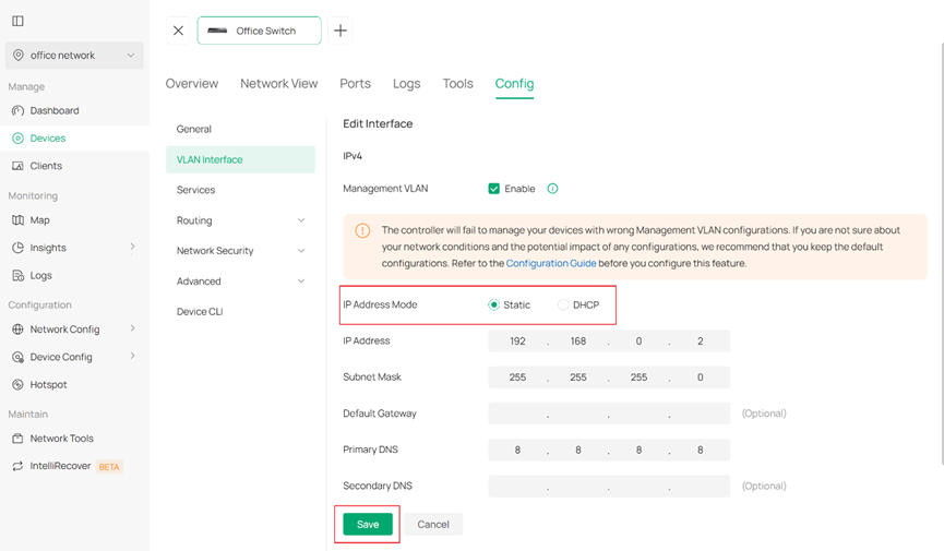 Show details of how to set static IP for switches.
