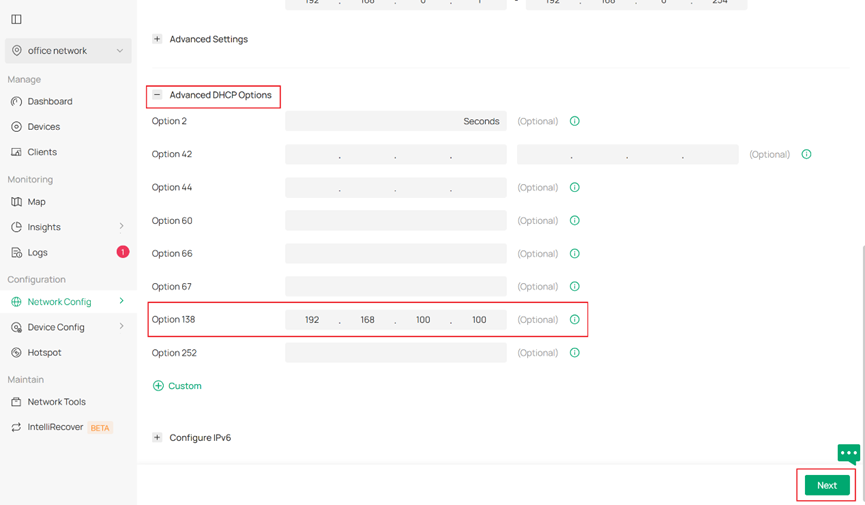 Show details of Option 138 settings.