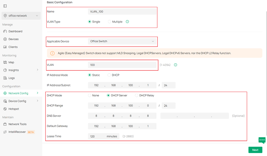 Display basic configuration page of new VLAN.