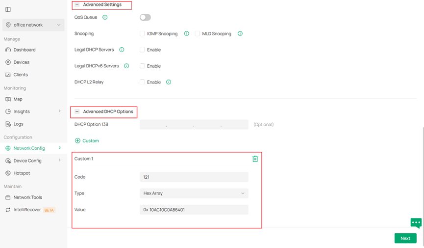 Display Advanced DHCP Options settings.
