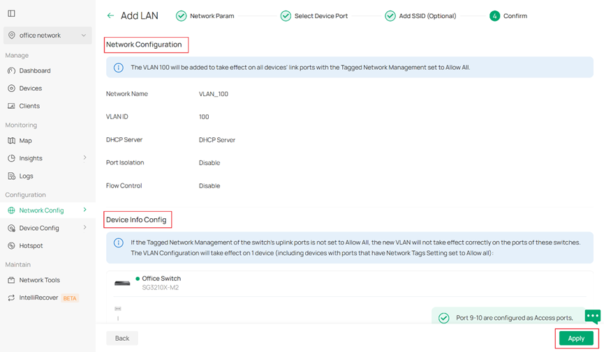 Summary page of VLAN settings.