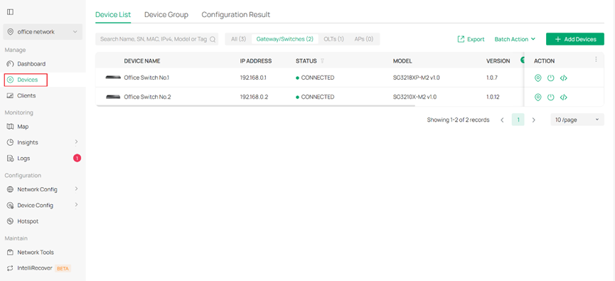 Display Devices page on v6 controller.