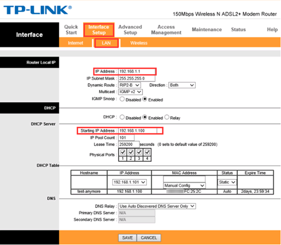 "Interface Setup > LAN > IP Address" page.