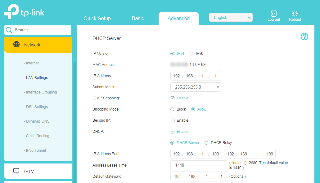 "Advanced > Network > LAN Settings" page.