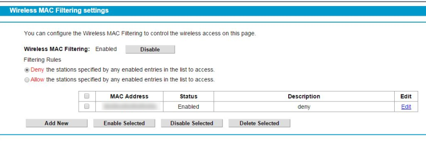 Wireless MAC Filtering list.
