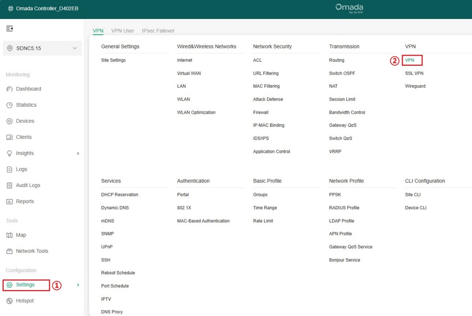 Alt Text: Entrance of VPN configuration in Controller.