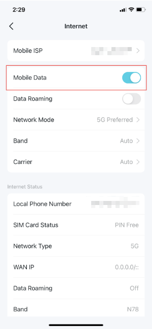 "Mobile Date" option on "Internet" page.