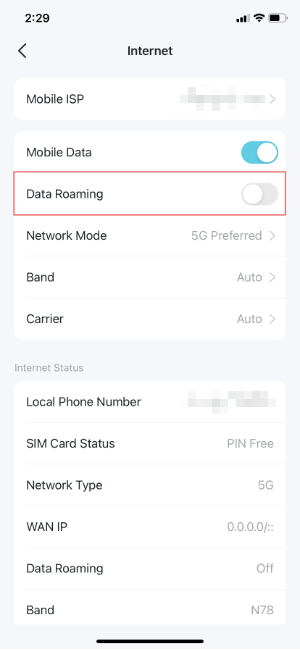 "Data Roaming" option on "Internet" page.